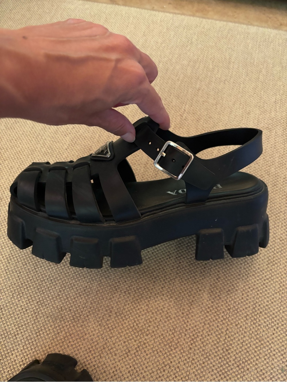 Prada Black Fisherman Sandals with Logo Plaque - Picture 7 of 15